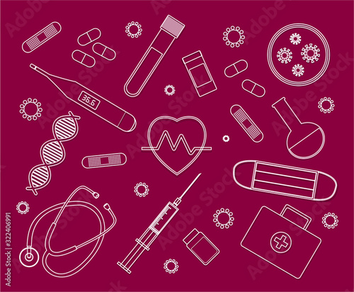 A set of medical equipment. Outline style. Stethoscope, test tube with blood, heart, patch, petri dish, first aid kit, mask, syringe, vaccine, pills, DNA, thermometer, coronavirus.