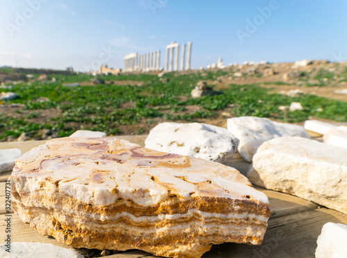 Peaces of marble laying on the table in Laodicea reconstruction site. Historical landmark in Turkey.2019.11.28 photo