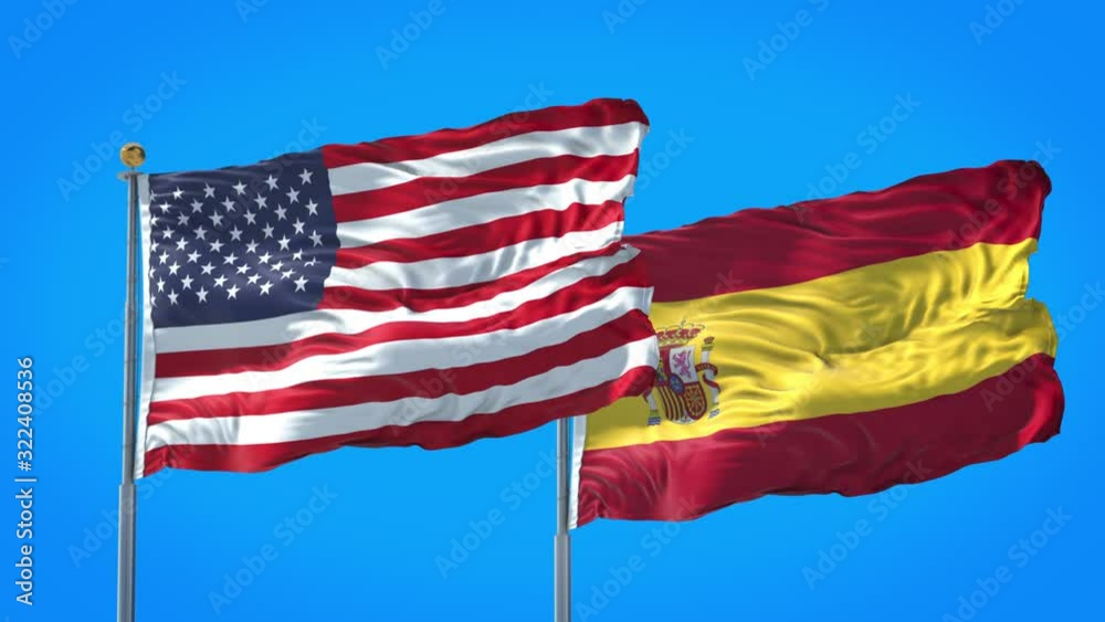 Spain and United States flag waving in deep blue sky together. High Definition 3D Render. Spain and United States flag waving in deep blue sky together. High Definition 3D Render.