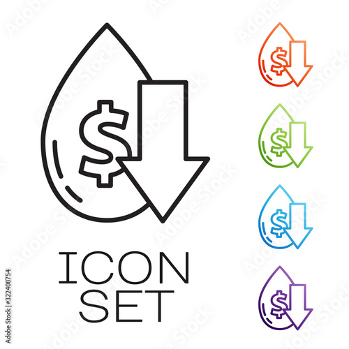 Black line Drop in crude oil price icon isolated on white background. Oil industry crisis concept. Set icons colorful. Vector Illustration