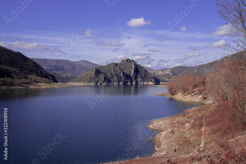 Picturesque landscape on Lake Turano with Castel di Tora y Borgo medievale di Monte Antuni photo