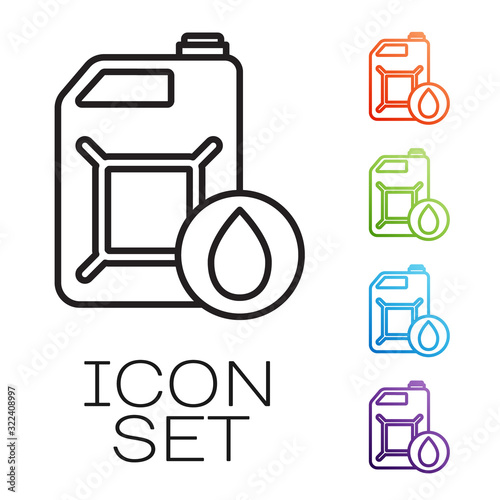 Black line Plastic canister for motor machine oil icon isolated on white background. Oil gallon. Oil change service and repair. Set icons colorful. Vector Illustration