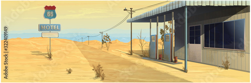 Motel near the road with a gas station on a desert background. Vector graphics.