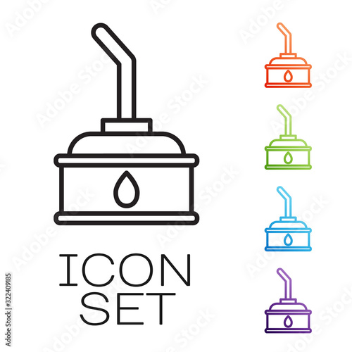 Black line Canister for motor machine oil icon isolated on white background. Oil gallon. Oil change service and repair. Set icons colorful. Vector Illustration
