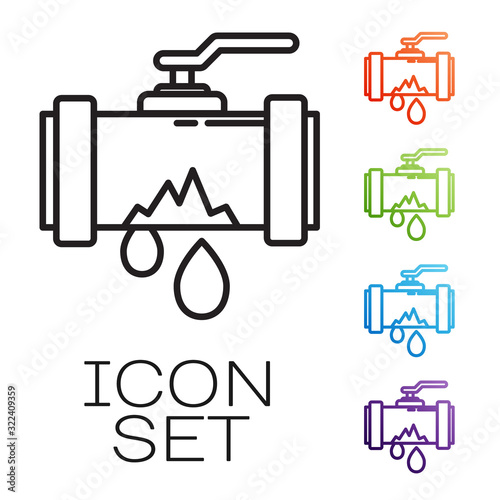 Black line Broken metal pipe with leaking water icon isolated on white background. Set icons colorful. Vector Illustration