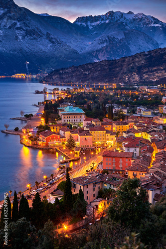 Christmas lights adorning the city center and Torbole Street, View of the beautiful Torbole town by night,Trento,Italy