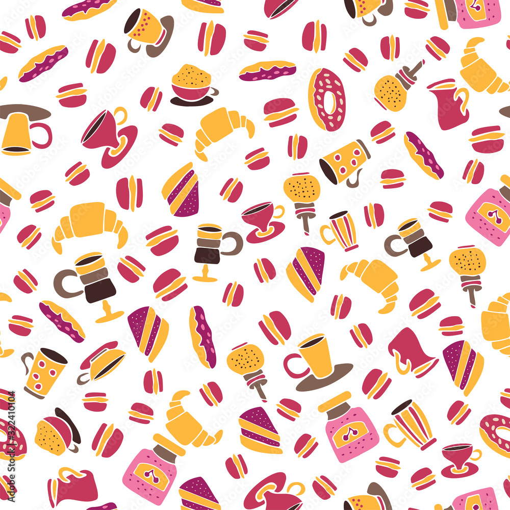 Cute hand drawn coffee and sweets seamless pattern. Great for textiles, banners, wallpapers, wrapping paper, notebook covers. Vector design. Swatch included.