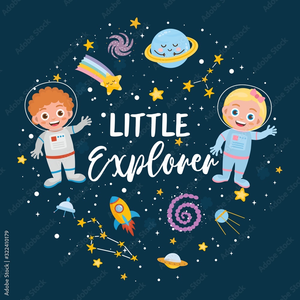Naklejka premium Little Explorer greeting card. Kids illustration with hand lettering text and different elements of cosmos. Astronauts, cute planets, stars, ufo, rocket, constellations, Milky Way.