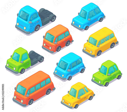 Set of isometric cars. Cartoon style. Isolated on white.