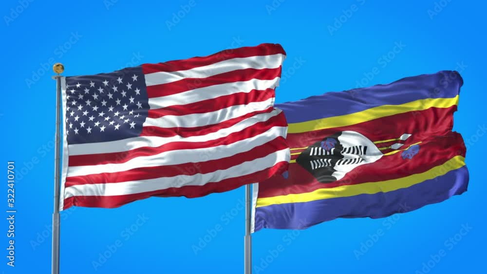 Swaziland and United States flag waving in deep blue sky together. High Definition 3D Render.