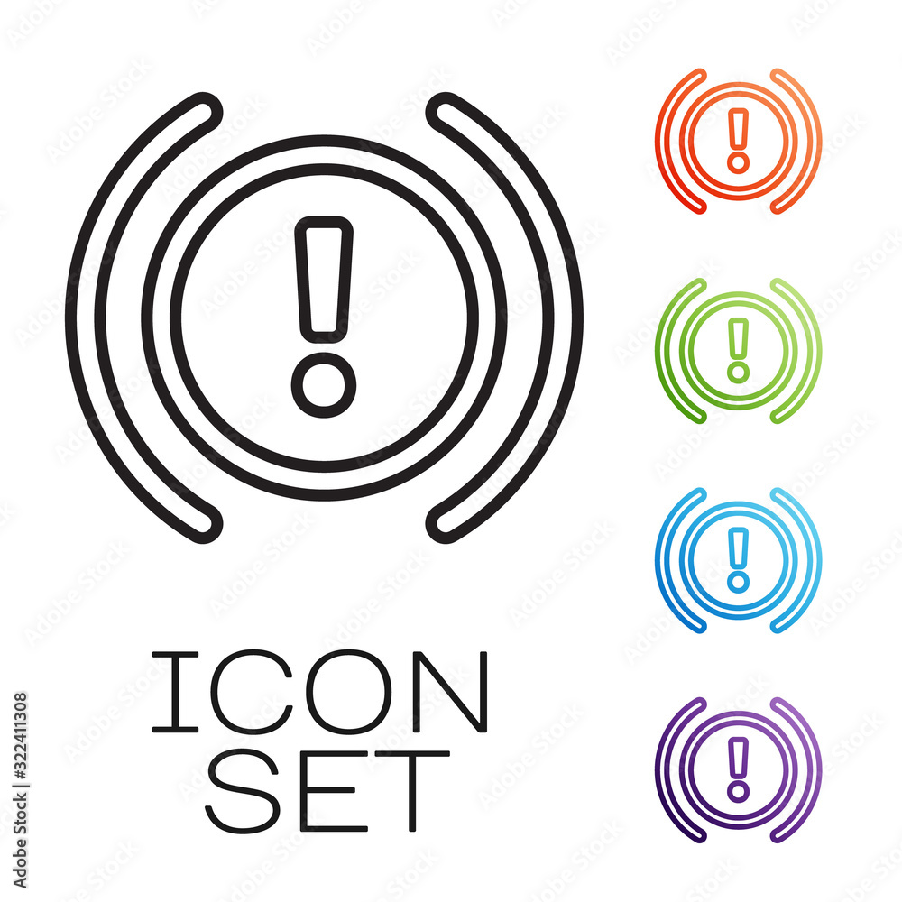 Black line Brake system warning icon isolated on white background. Exclamation mark in the car