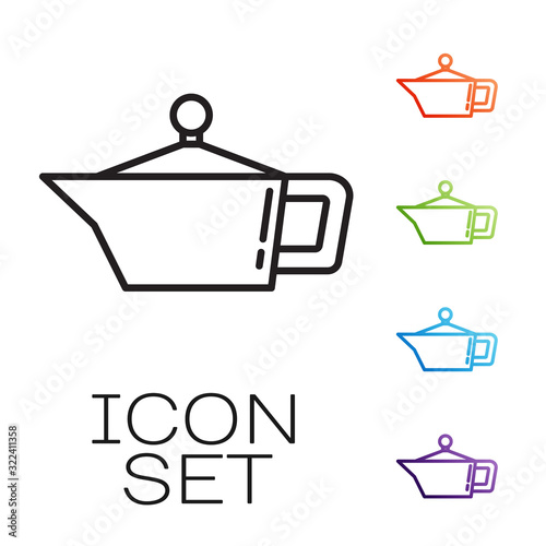 Black line Canister for motor machine oil icon isolated on white background. Oil gallon. Oil change service and repair. Set icons colorful. Vector Illustration