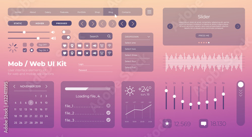 Flat Mobile Web UI Kit. Universal user interface for designing responsive websites, mobile apps. Gradient background. Different UX, GUI screens with buttons, slider, menu template. Modern space style.