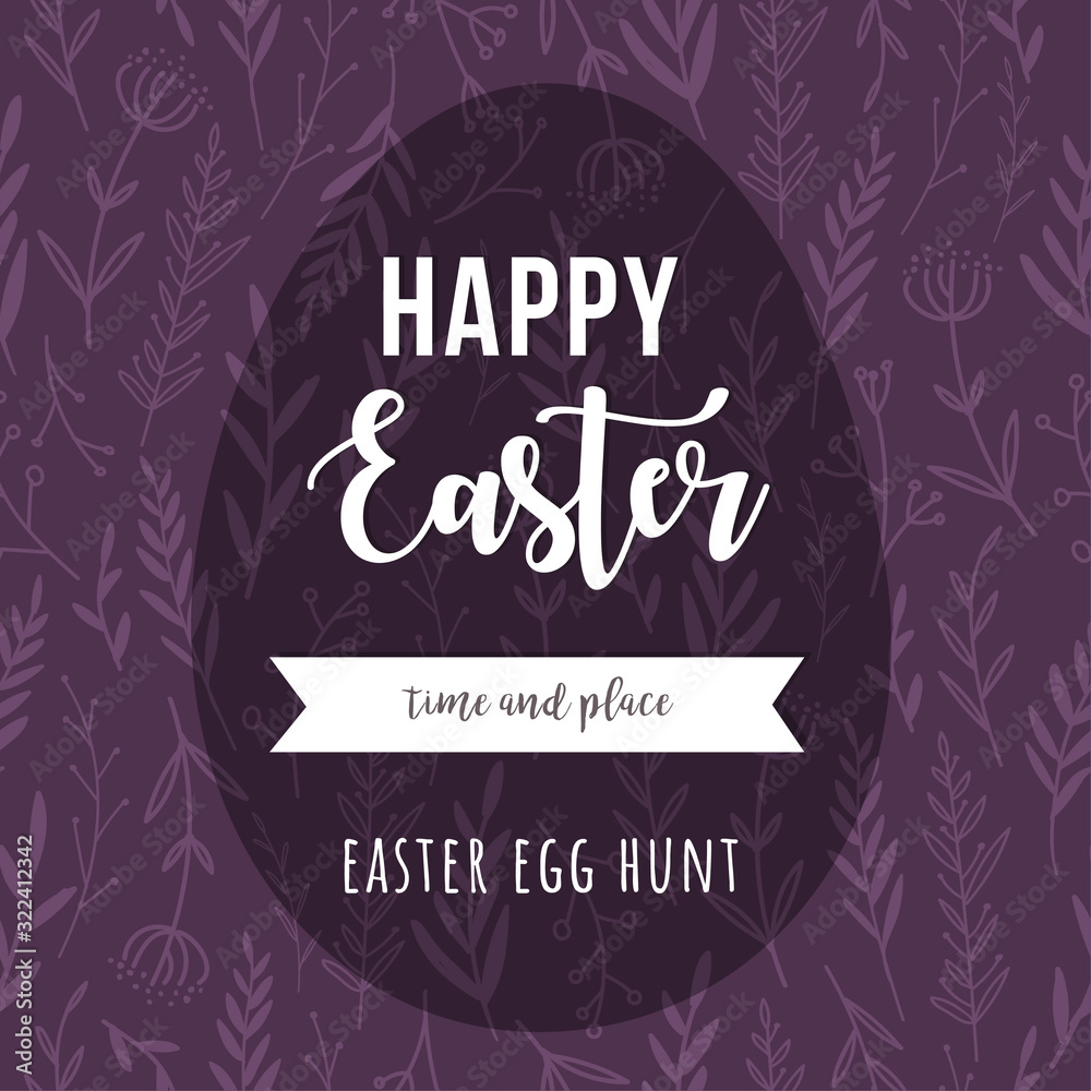 Easter egg hunt. Happy Easter vector banner. Egg shape on floral background.
