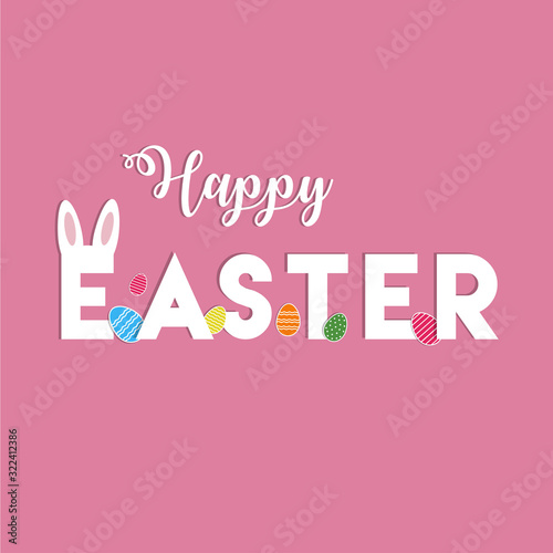 Happy Easter. Vector lettering with rabbit's ears and colorful eggs. Elements isolated on pink background,
