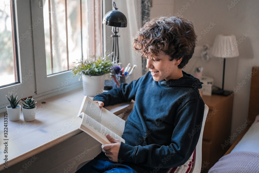 Smiling boy reading book at home