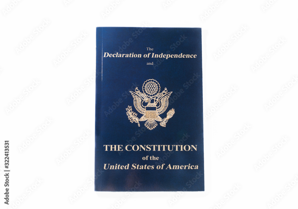 top view of blue booklet with declaration of independence and constitution of usa isolated on white top view of blue booklet with declaration of independence and constitution of usa isolated on white