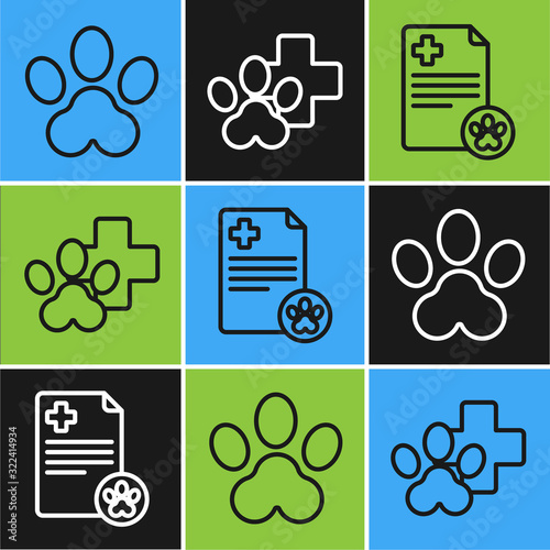 Set line Paw print, Clipboard with medical clinical record pet and Veterinary clinic symbol icon. Vector