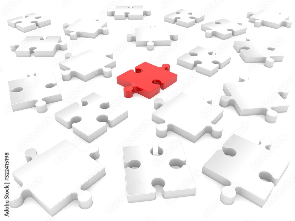 Naklejka premium Red puzzle piece between white puzzle pieces on white background
