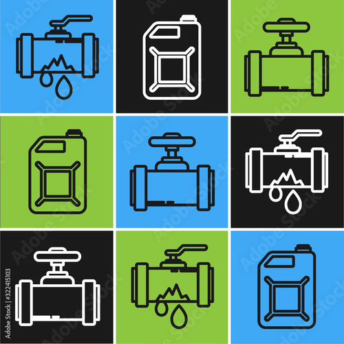 Set line Broken metal pipe with leaking water, Industry metallic pipes and valve and Canister for gasoline icon. Vector