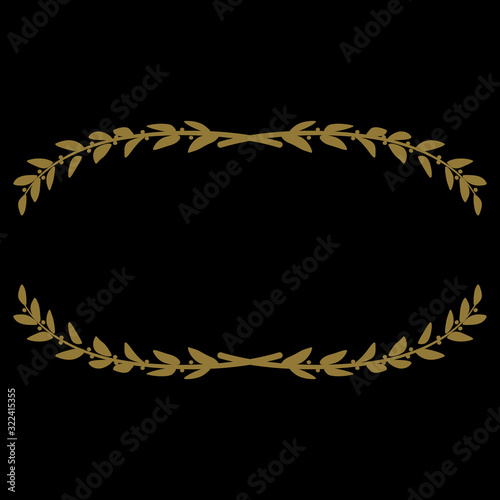 Symmetrical floral decor. Branches of laurel or bay. Olive boughs. Antique oval frame. Gold silhouette on black background. isolated vector illustration.