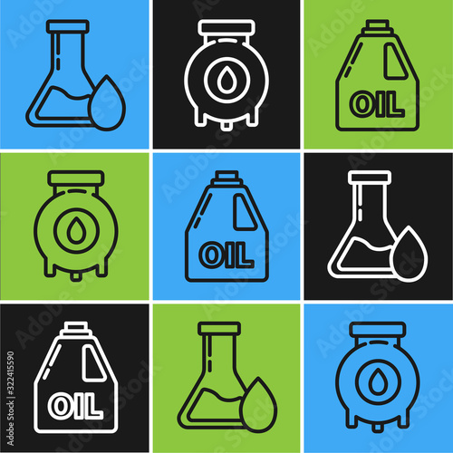 Set line Oil petrol test tube, Canister for motor machine oil and Oil and gas industrial factory building icon. Vector