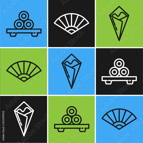 Set line Sushi on cutting board, Temaki roll and Paper chinese or japanese folding fan icon. Vector