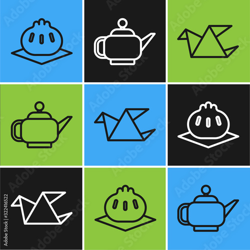 Set line Khinkali on cutting board, Origami bird and Japanese tea ceremony icon. Vector