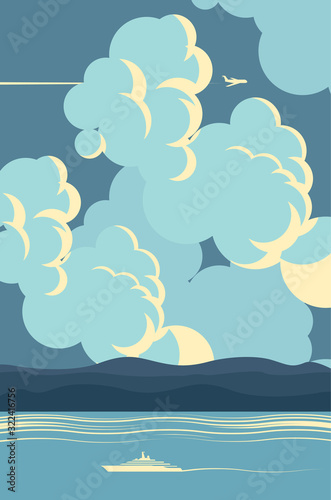 Vector seascape in blue colors in cartoon style. Decorative illustration with white ship in the sea and clouds in the sky.