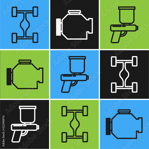 Set line Chassis car, Paint spray gun and Check engine icon. Vector