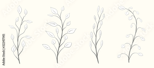 Set of tree branches with leaves, in gray of different sizes and shapes