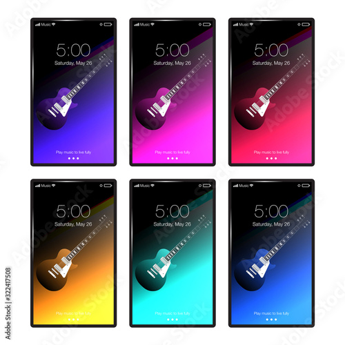 Select from six smart phone wallpaper musical templates.  In 6 colors with a classic guitar