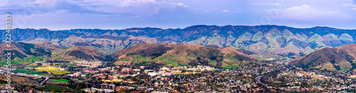 Panorama of City, Mountains from View, aerial 