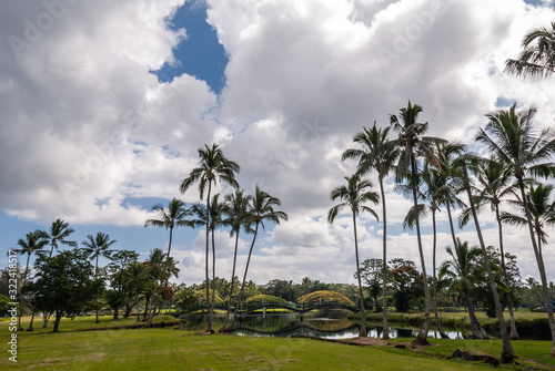 Hilo, Hawaii, USA. - January 9, 2012: Wide view of green park with palm trees and bridge over Waiakea Pond under white cloudscape with blue patches.  © Klodien
