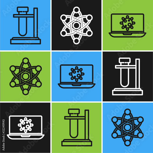Set line Test tube flask on stand, Bacteria on laptop and Atom icon. Vector