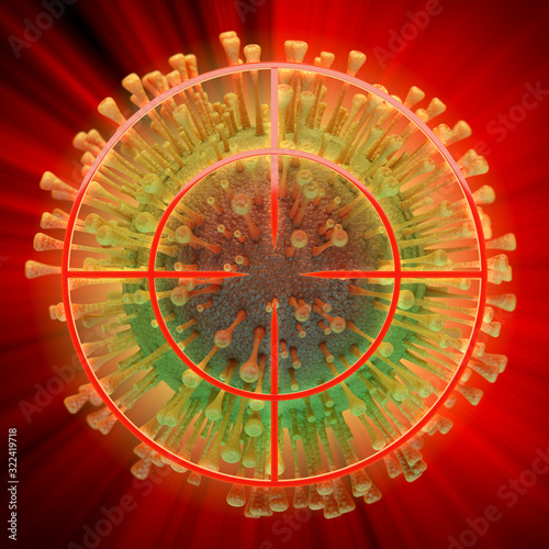 3d render illustration of a coronavirus model with viewfinder on top