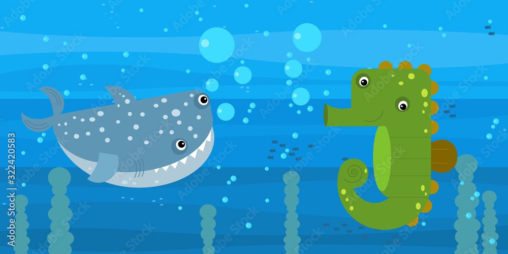 Obraz premium Happy cartoon underwater scene with swimming coral reef fishes illustration