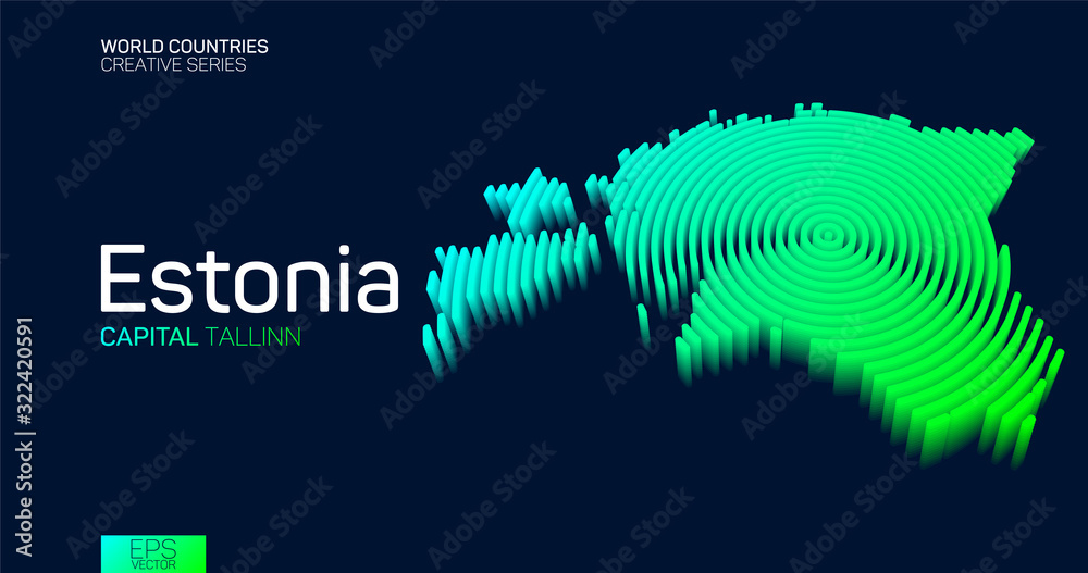Isometric map of Estonia with neon circle lines Isometric map of Estonia with neon circle lines
