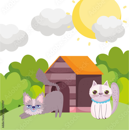 cats cartoon in the grass with house pets
