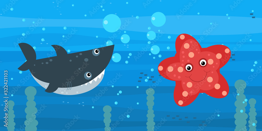 Happy cartoon underwater scene with swimming coral reef fishes illustration Happy cartoon underwater scene with swimming coral reef fishes illustration