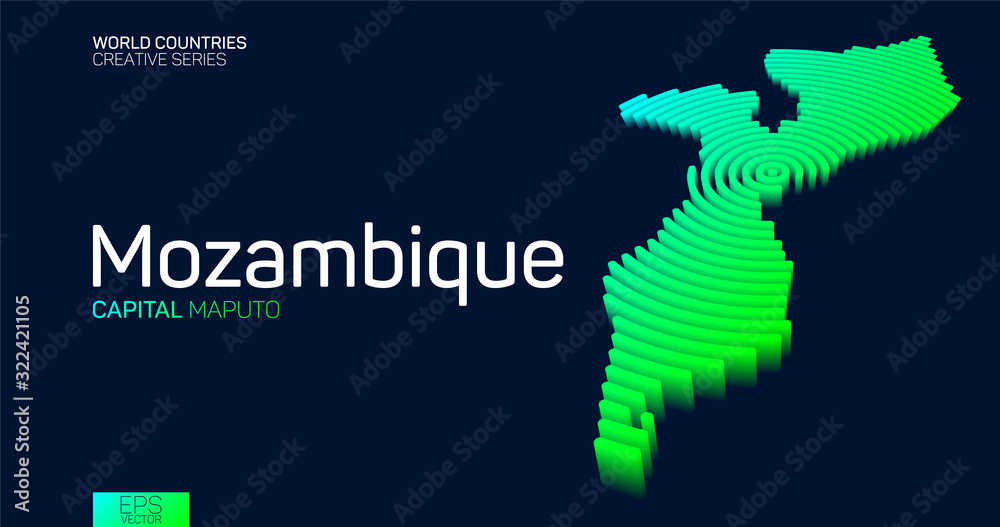 Isometric map of Mozambique with neon circle lines