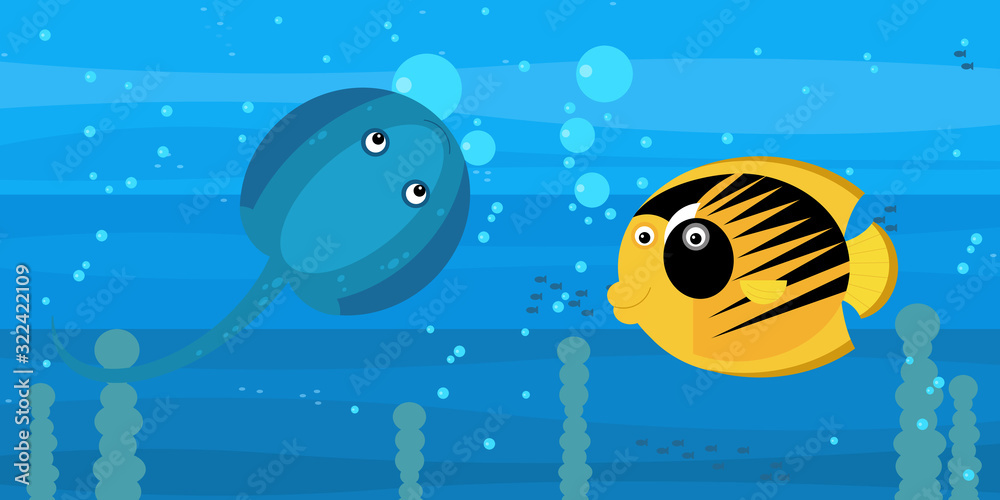 Happy cartoon underwater scene with swimming coral reef fishes illustration