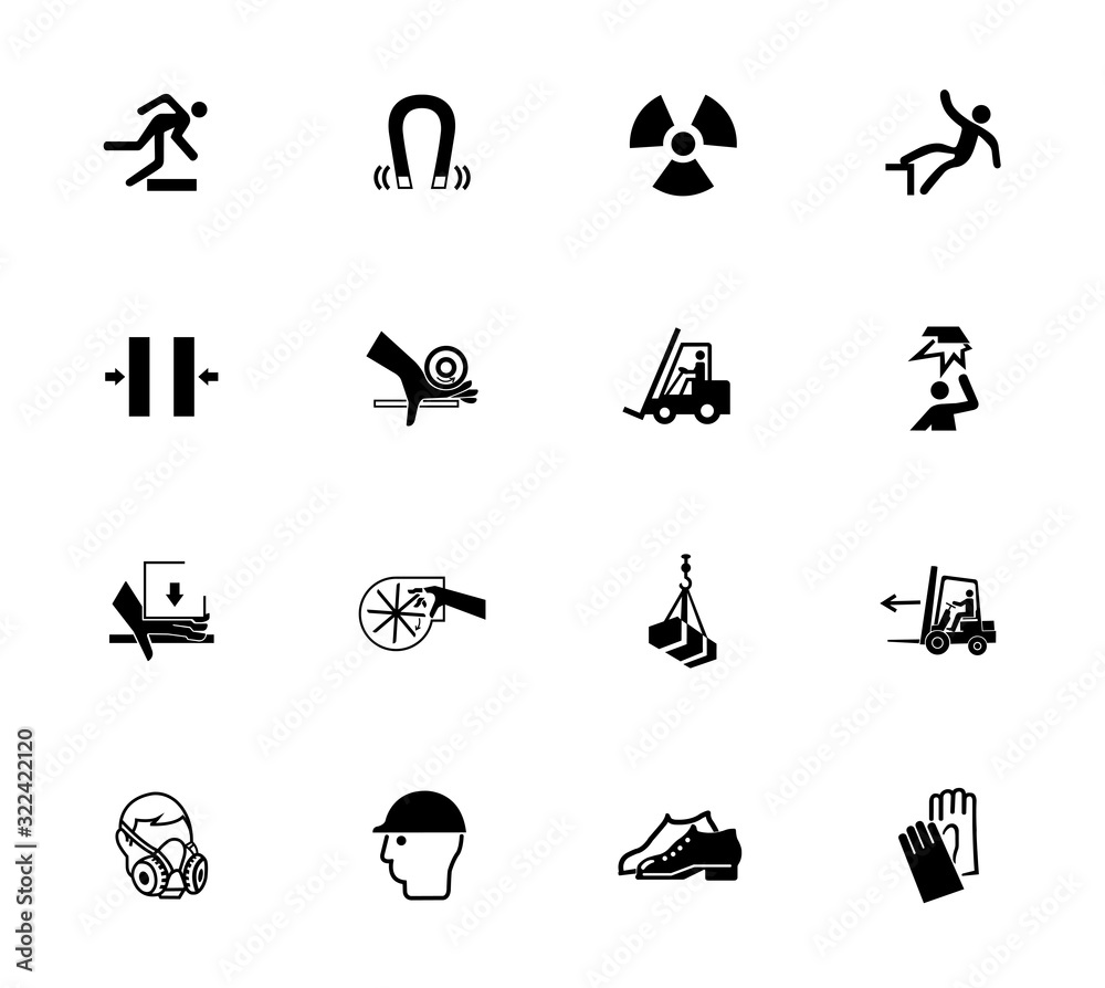 Fototapeta premium Warning signs,industrial hazards icon labels Sign Isolated on White Background,Vector Illustration