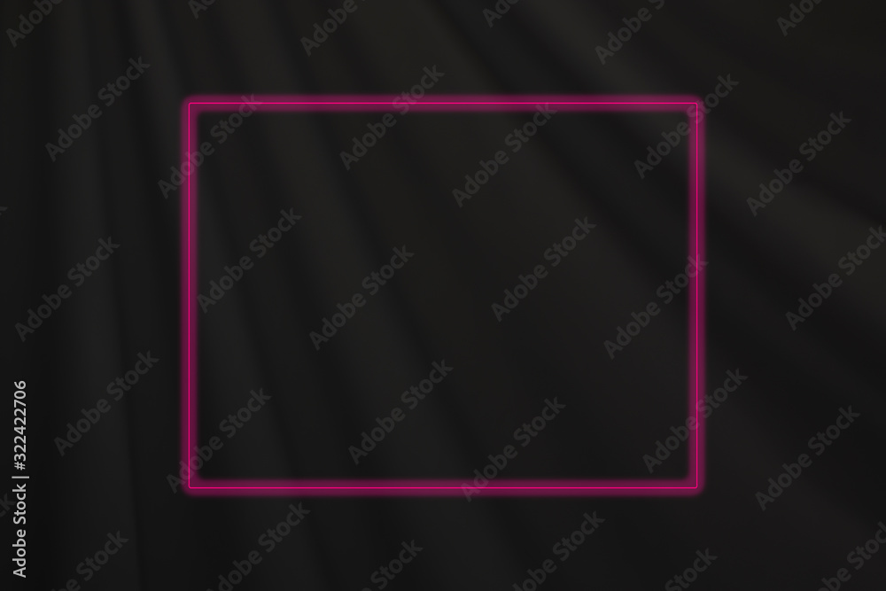 Fototapeta premium Bright magenta neon frame on abstract black background with soft waves. Defocused fabric drapery.