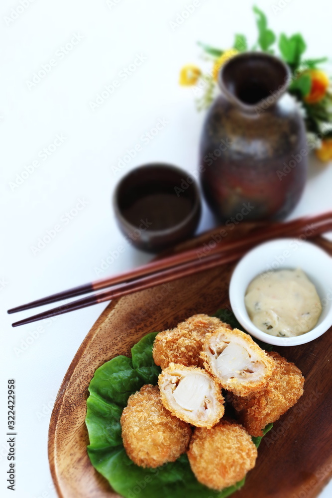 Japanese food, scallop and bread crumbs deep friend on white background