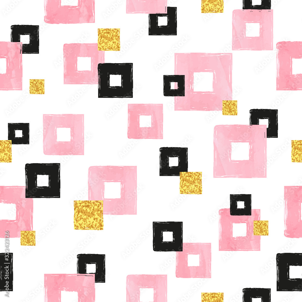 Seamless pattern with pink, black and golden squares. Vector abstract background with geometric shapes. Seamless pattern with pink, black and golden squares. Vector abstract background with geometric shapes.