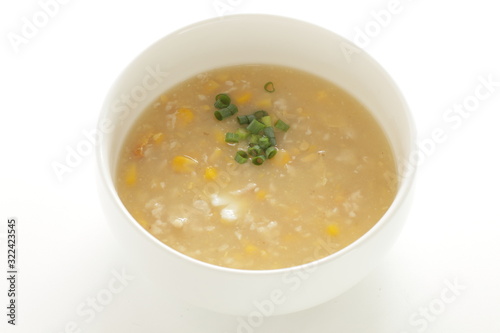 Chinese food, corn and mince chicken soup with egg