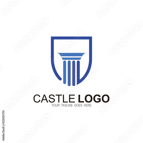 Castle logo with shield design combination, line icon