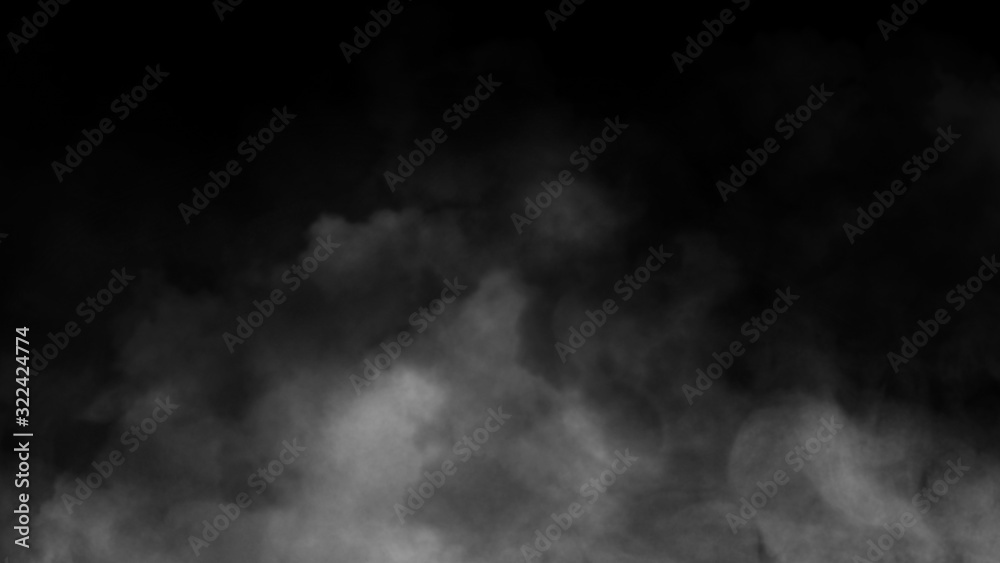 Smoke on the floor . Isolated black background . Misty fog effect texture overlays for text or space.