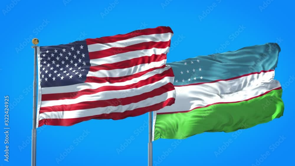 Uzbekistan and United States flag waving in deep blue sky together. High Definition 3D Render. Uzbekistan and United States flag waving in deep blue sky together. High Definition 3D Render.